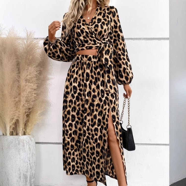 Printed V-neck Long-sleeve Tie Elegant Suit