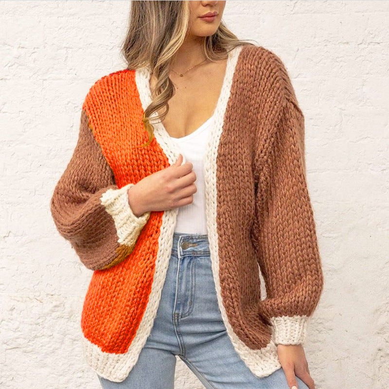 Women's Casual Knitted Cardigan Color Matching Long-sleeved Sweater
