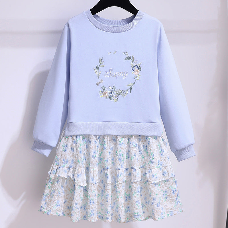 Robe de printemps à manches longues pour fille, style occidental, avec fausses coutures et motif floral