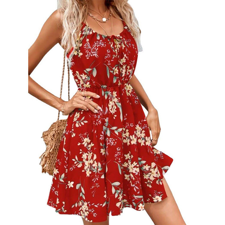 Elegant Sleeveless Dress Pullover Print Elastic Waist