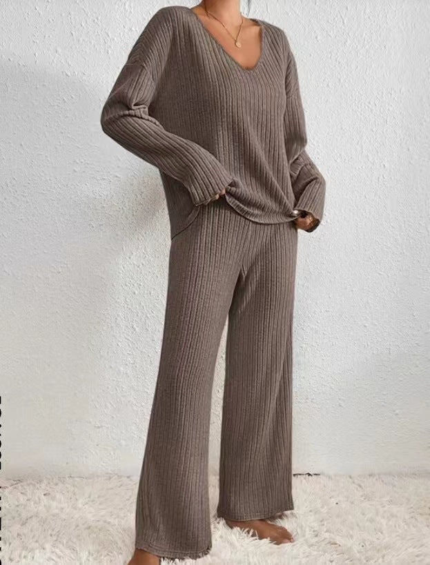 Casual Straight-leg Pants With A Loose V-neck Ribbed Knit Set