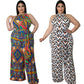 Women's Casual Halterneck Printed Jumpsuit With Belt Plus Size