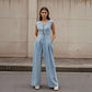 V-neck Double-breasted Sleeveless Wide Leg Overall Jeans