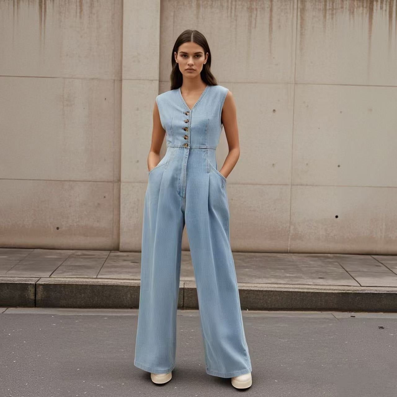 V-neck Double-breasted Sleeveless Wide Leg Overall Jeans