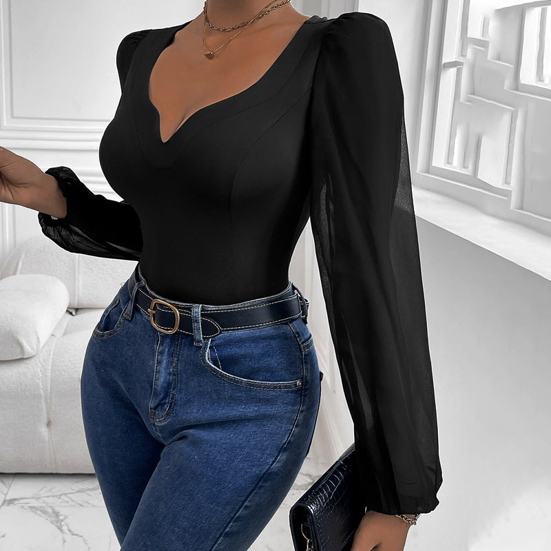 Ladies' Mesh V-neck Patchwork Jumpsuit