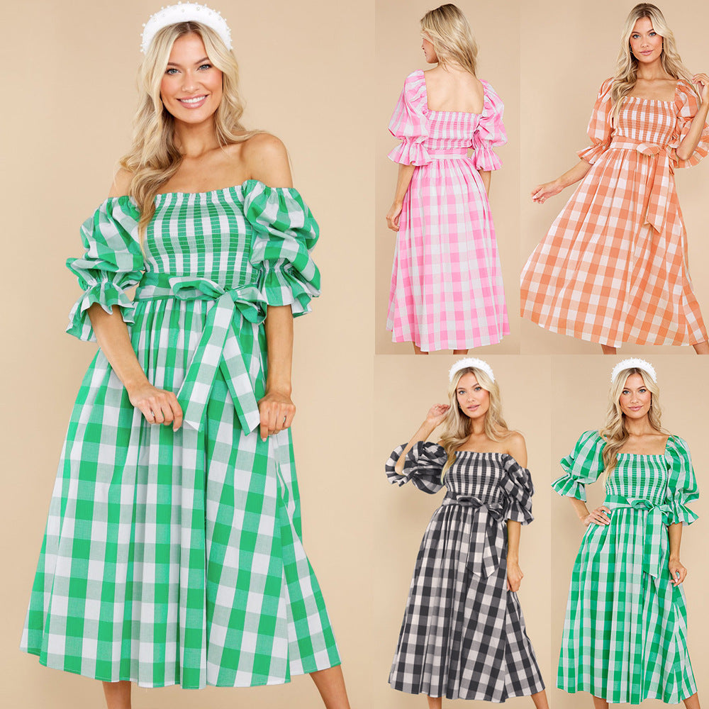 Robe de plage slim à col unique et épaules dénudées, imprimé écossais