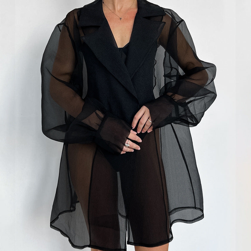 Black Mesh Cardigan-laced Nightgown Sexy And Sheer