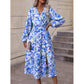 Floral Print Lantern Sleeve Slit Thigh Lace-up Waist