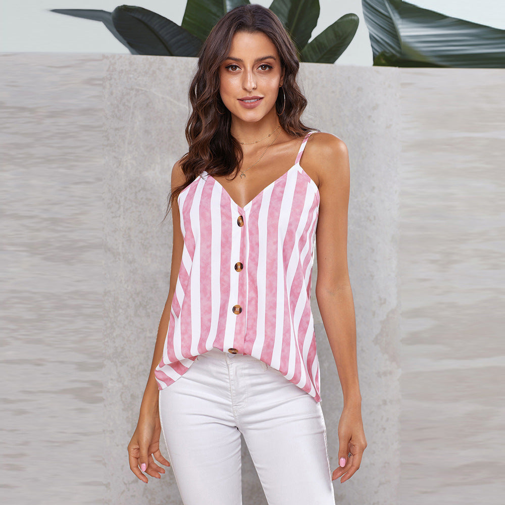 T-shirt à rayures européennes et américaines pour femmes, col en V, simple boutonnage, écharpe