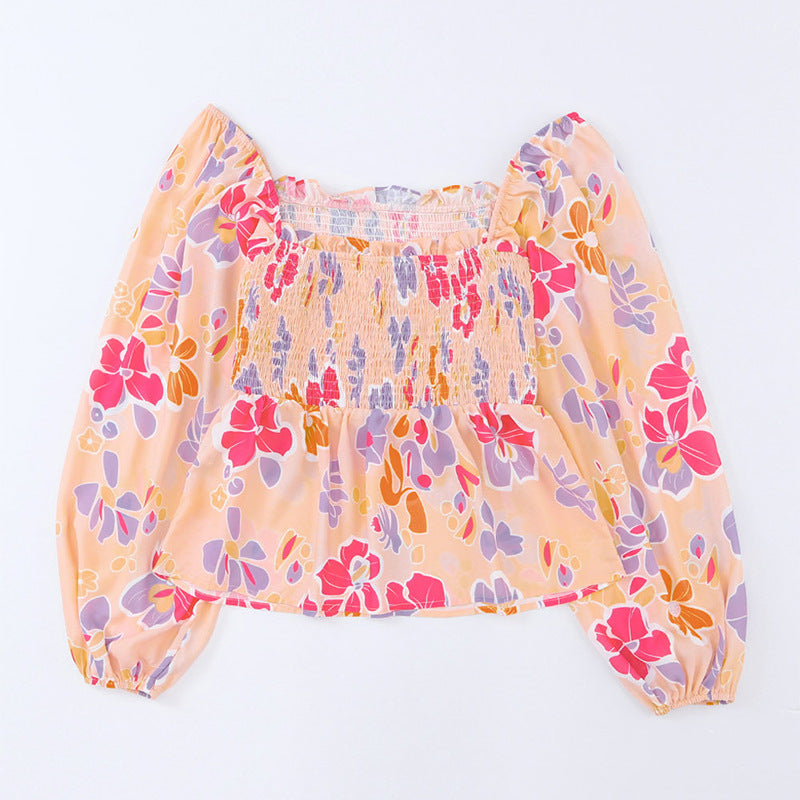 Chemise en mousseline à manches longues pour femme, col carré, imprimé floral, manches lanternes
