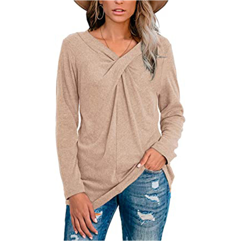 New V-Neck Long Sleeve Neck Twist Casual T-Shirt