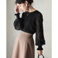 Sheer Yarn Flower Embroidered Sleeve Patchwork Knitting Bottoming Shirt
