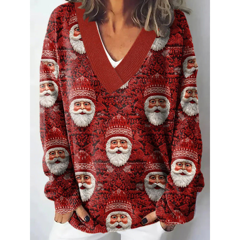 Pull imprimé à col en V de la série Noël européenne et américaine