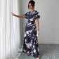 Floral Crew-neck Short-sleeve Waist-cinching Dress
