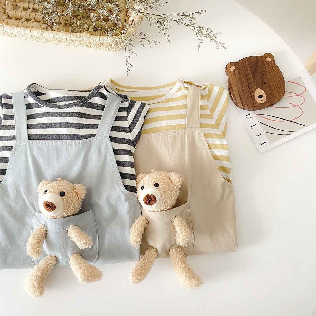 Pantalons à bretelles pour bébé, pour hommes et femmes, barboteuse en deux pièces avec faux ours, rayée, style coréen, printemps et automne