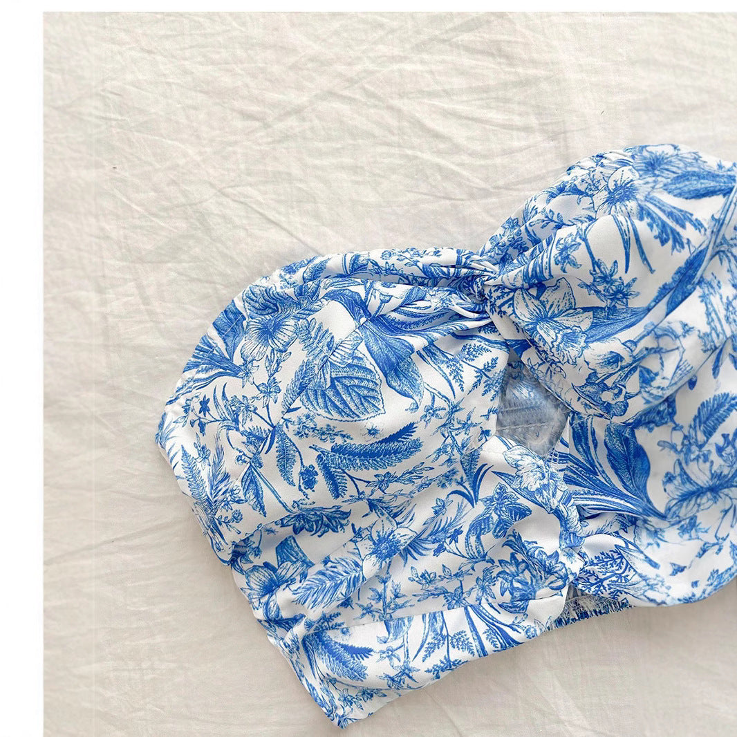 Blue Printing Tube Top Short Skirt Suit