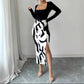 Fashionable Printed Slim-Fit Long-Sleeve Slit Dress