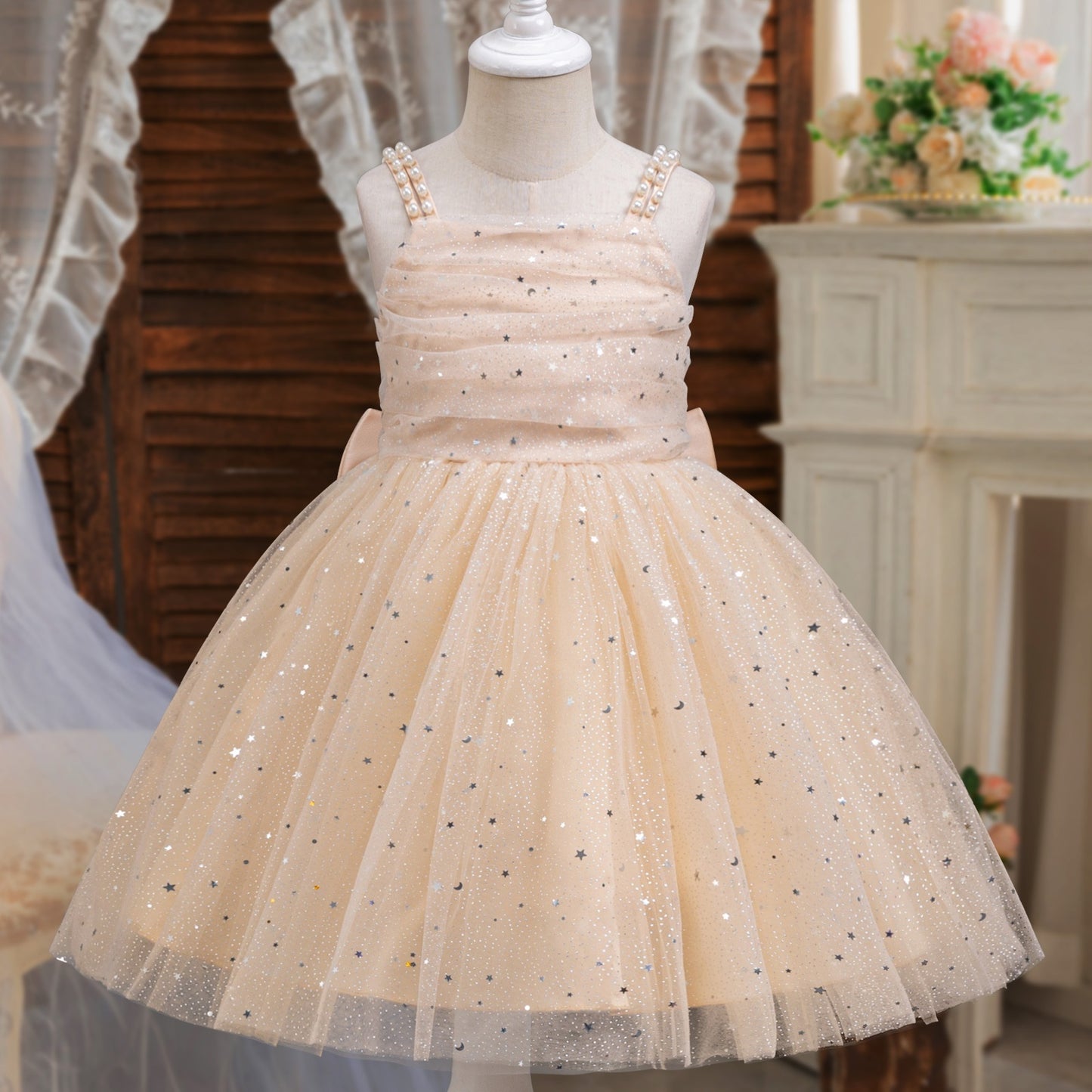 Summer Girls' Dress Cute Bow Star Mesh Pearl Suspender Dress