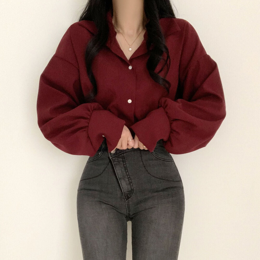 Simple Solid Color Long-sleeved Shirt For Women