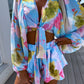 Chiffon Pleated Lantern Sleeve Long Sleeve V-neck Shirt Elastic Waist Straight Shorts Printing Suit