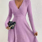 Elegant Long-sleeved Solid-color V-neck Waist-cinching Dress