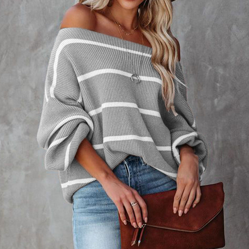 Women's Fashion Striped Lantern Sleeve Knitted Shirt