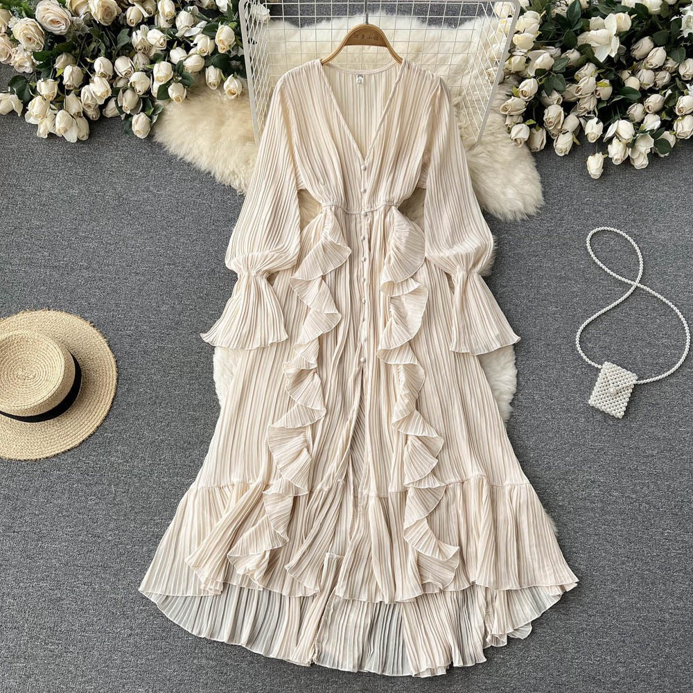 Fashion Solid Color And V-neck Ruffled Flared Sleeve Dress