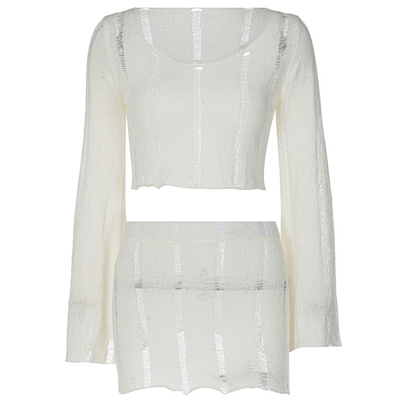 Ensemble jupe slim décontractée à col rond et ajouré pour femme, style européen et américain, nouvelle collection été