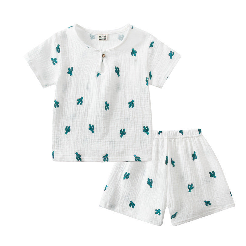 Cotton And Linen Short Sleeve Shorts Suit Round Neck Cartoon Printing