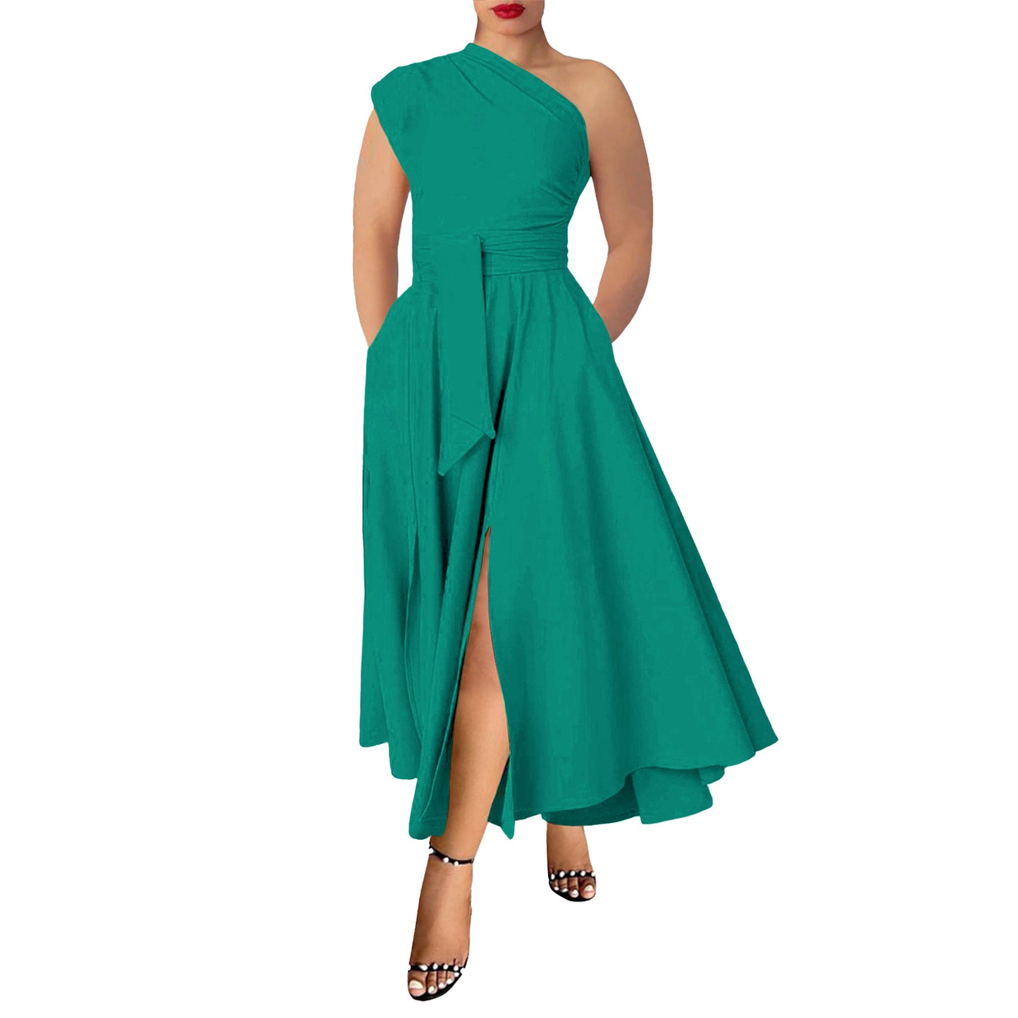 Womens Sleeveless Slash-Neck Solid Color Waist-Cinching Dress