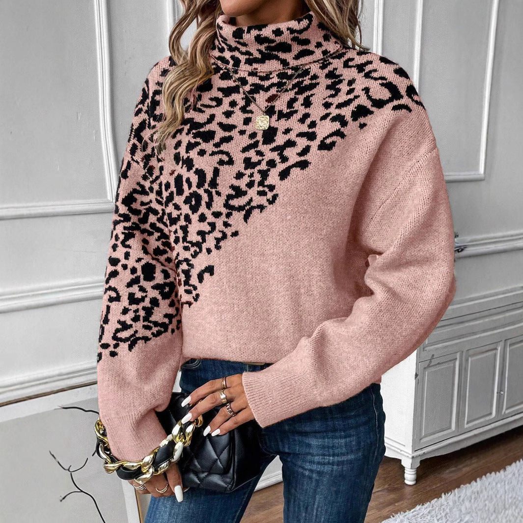 Pull ample à col roulé et manches longues, imprimé léopard, style décontracté