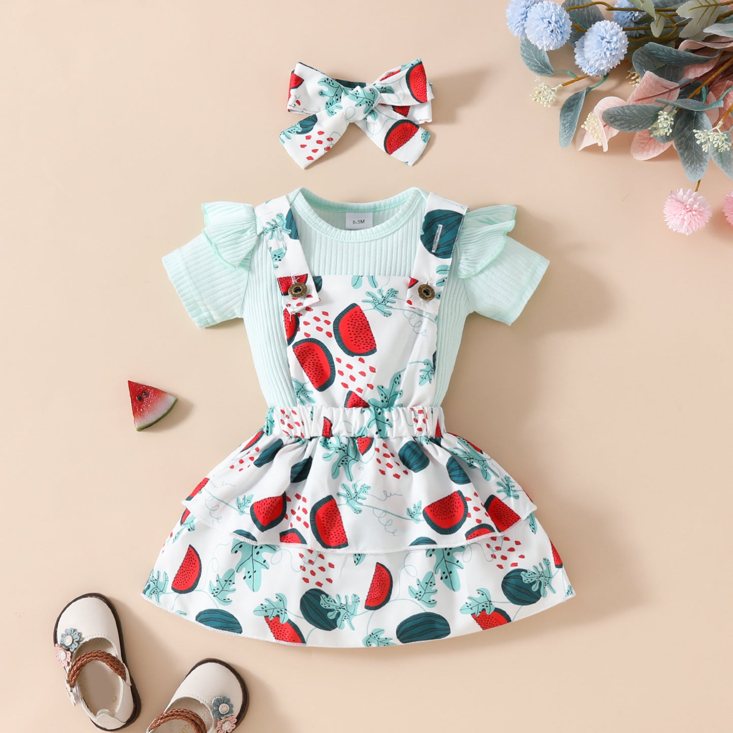 Ensemble jupe-jupe décontractée à manches courtes et bretelles pour bébé fille, motif floral et fruité, été