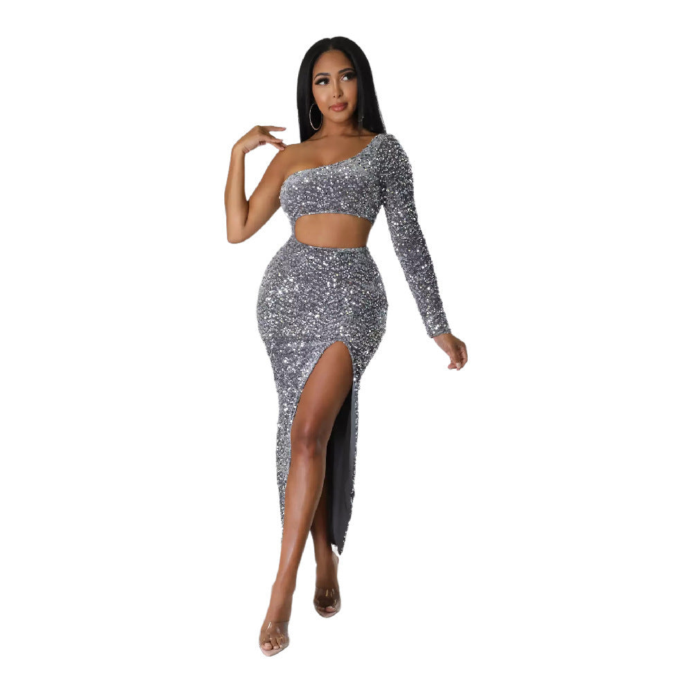 One-shoulder Fashionable Sequins Navel Split Hip Women's Clothing Dress