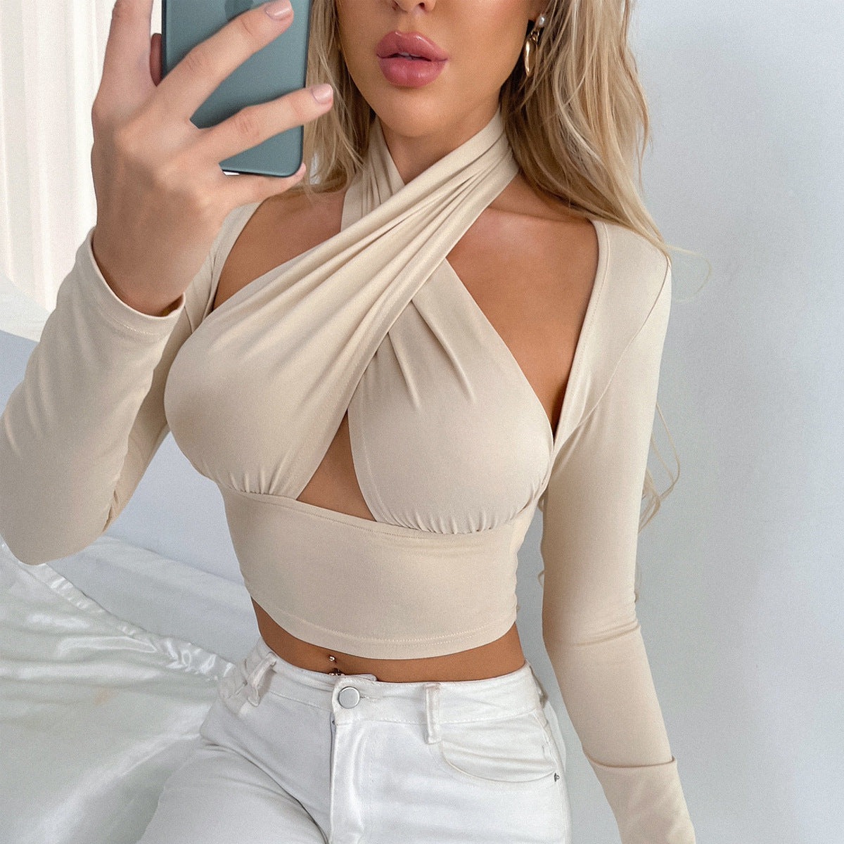 Cross-neck Hollow Bottoming Shirt Ladies Top