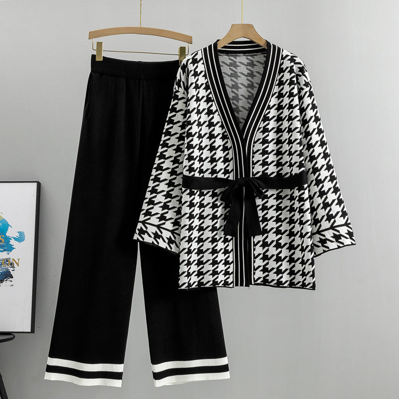 Spring And Autumn Jacquard Houndstooth Knitted Wide-leg Pants Two-piece Set
