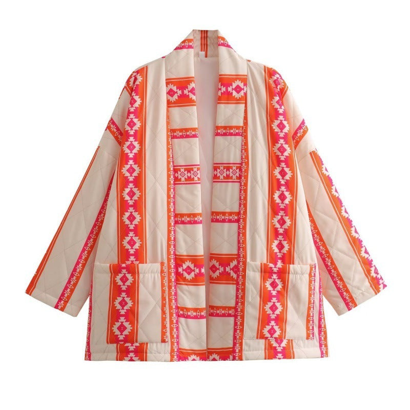 Printed Without Buckle Thin Pocket Cotton Coat Jacket Women