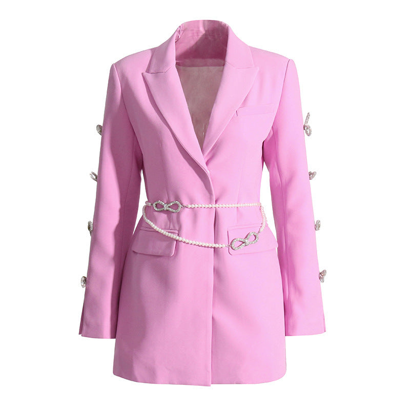 Design Sense Dignified Hollow Bow Rhinestone Sleeve Pearl Belt Business Suit And Dress