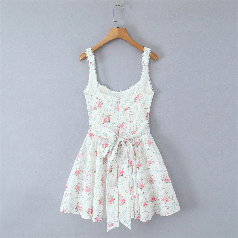 Rose Printed Lace Stitching Cotton Mini Dress