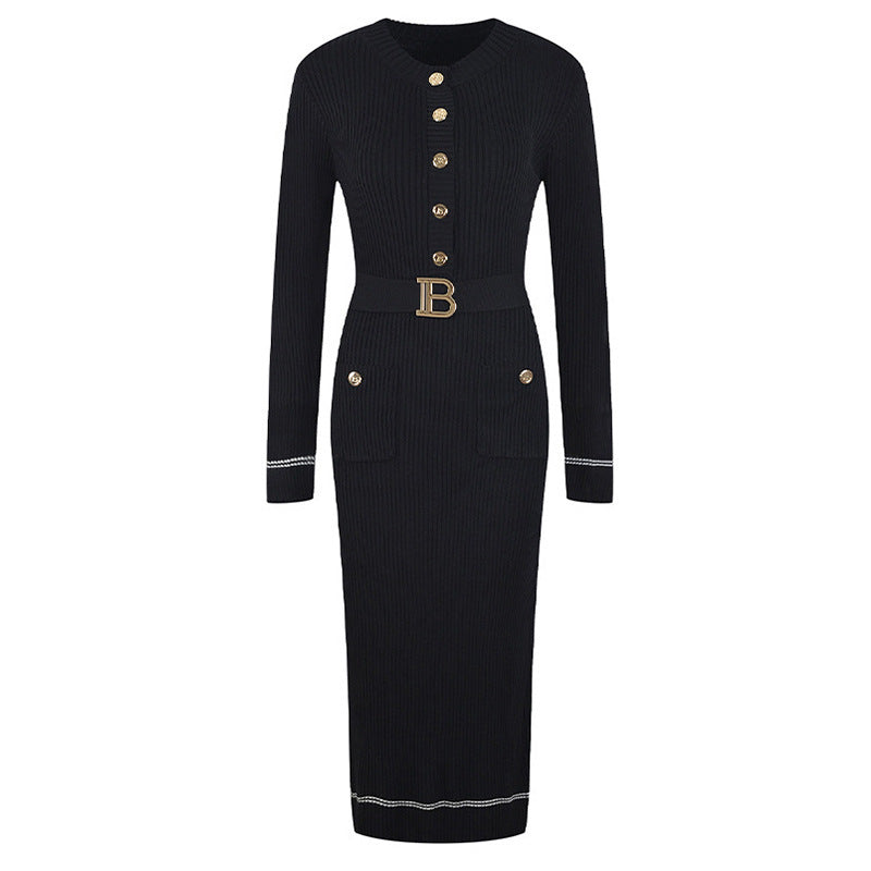 Robe longue en tricot élastique à manches longues et col rond