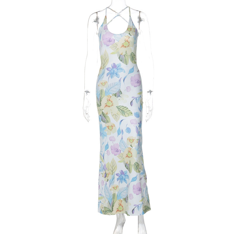 Fashion Printed Backless U-neck Slim Strap Dress