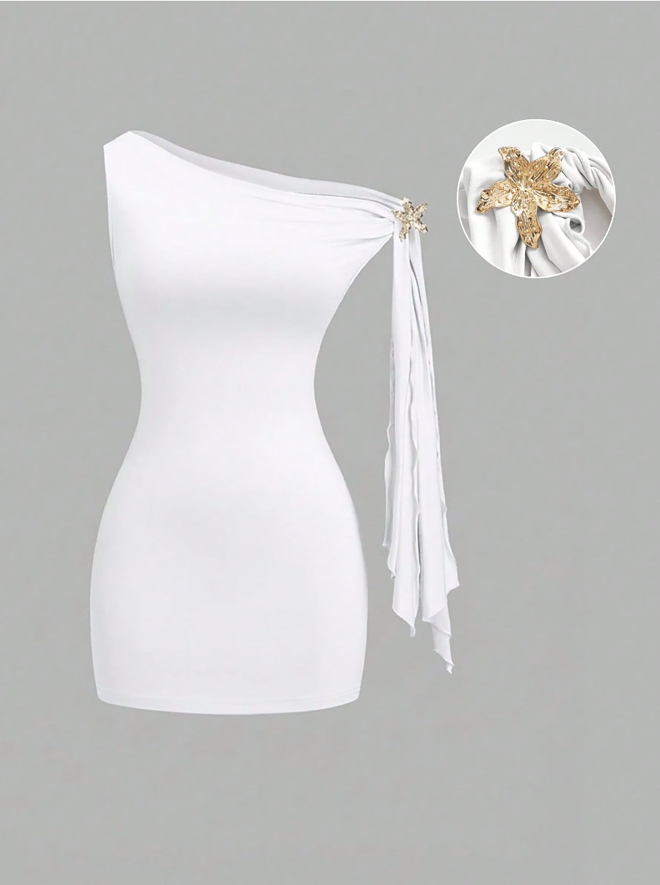 Slant-shoulder Metal-embellished Slimming Sexy Womens Outfit