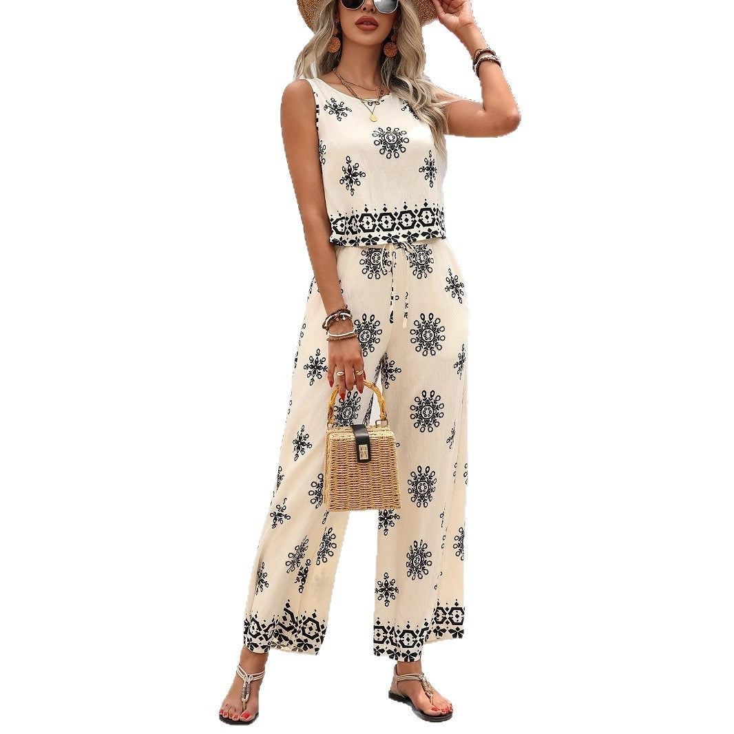 Thin Breathable Positioning Printing Vest Jacket Breasted Elastic Waist Wide Leg Pants Two-piece Set