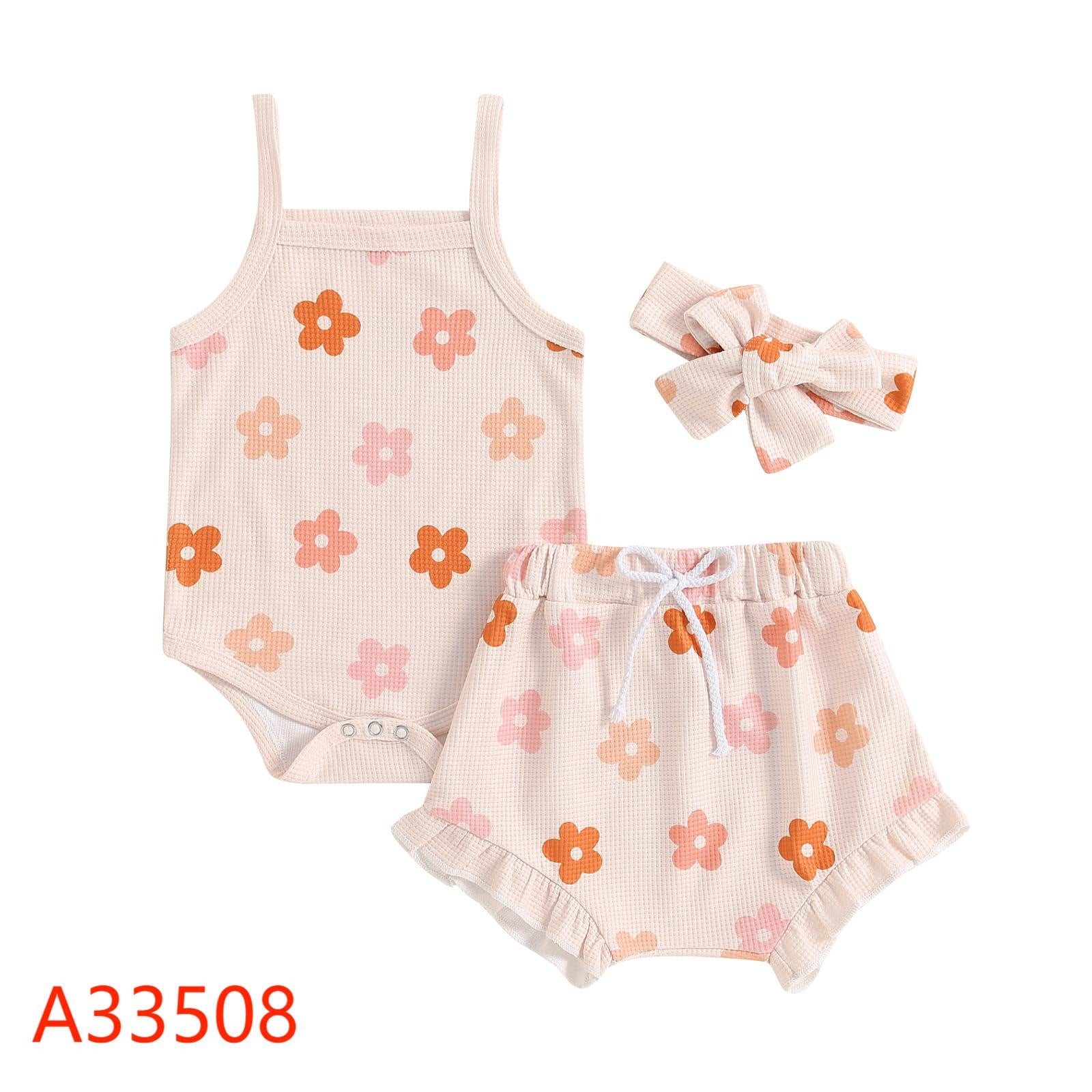 Flower Print Sling Romper Shorts Headscarf Three-piece Set