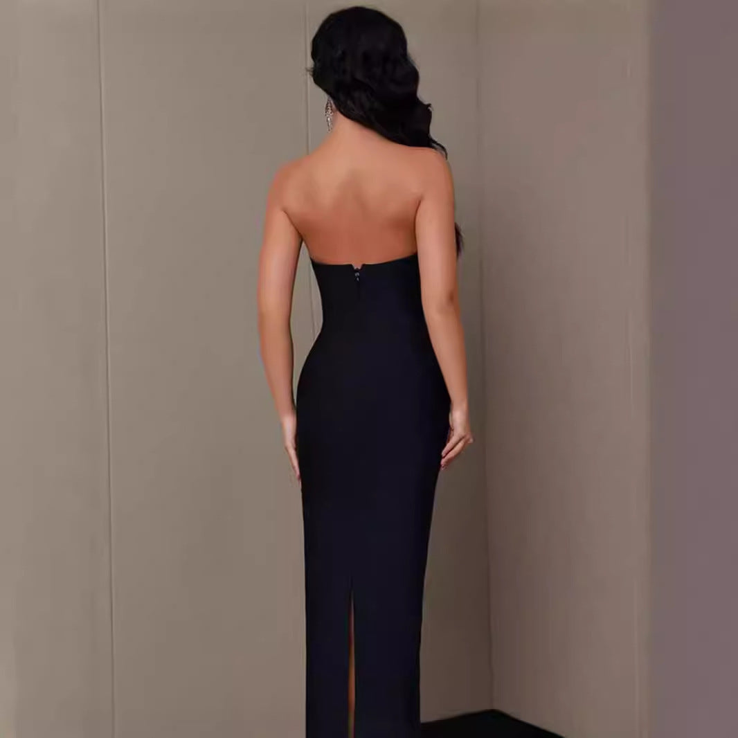 Robe bandage élastique sans bretelles pour femme, ornée de diamants et de cristaux