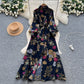 French-style Retro Elegant Single-Breasted Lace-Up Waist Floral Print Dress For Women