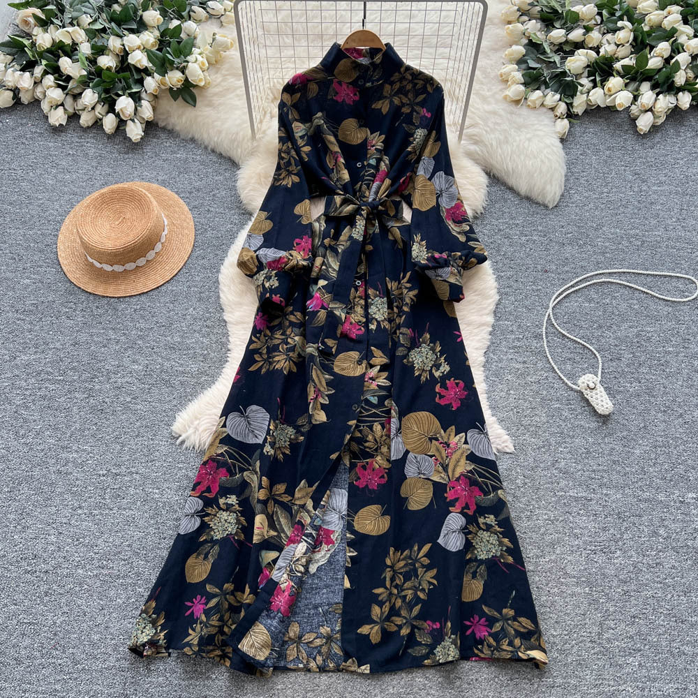 French-style Retro Elegant Single-Breasted Lace-Up Waist Floral Print Dress For Women