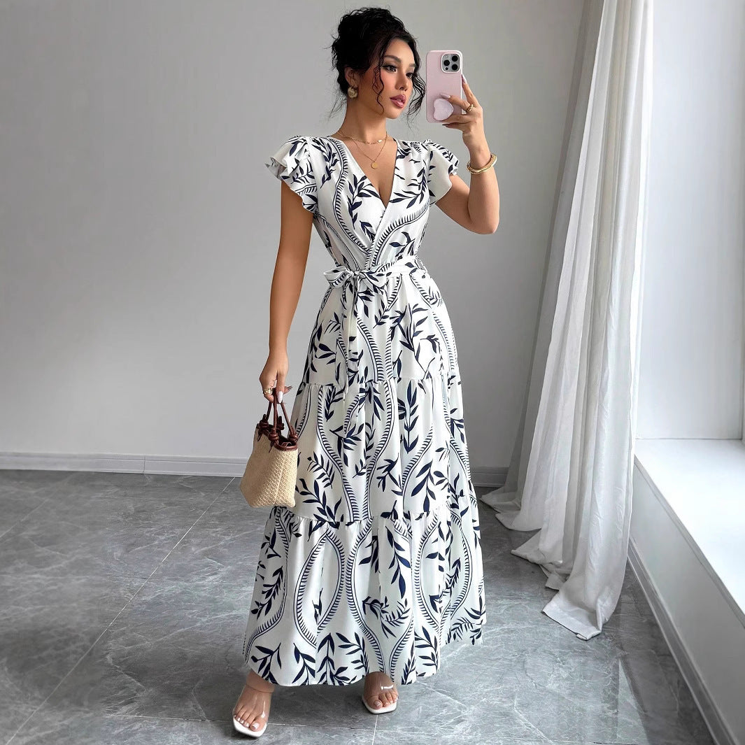 Lace-up Floral Short-sleeve Frilly Elegant A-line Skirt