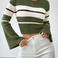 Round Neck Long Sleeve Flared Sleeves Striped Contrast Color Knitted Pullover