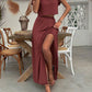 Women's Solid Color Round Neck Batwing Sleeve Crop Top And Side Split Skirt