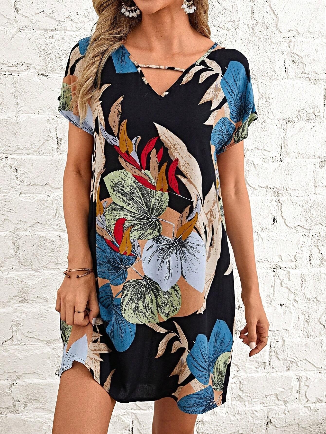 Robe imprimée à manches courtes et col en V pour femme